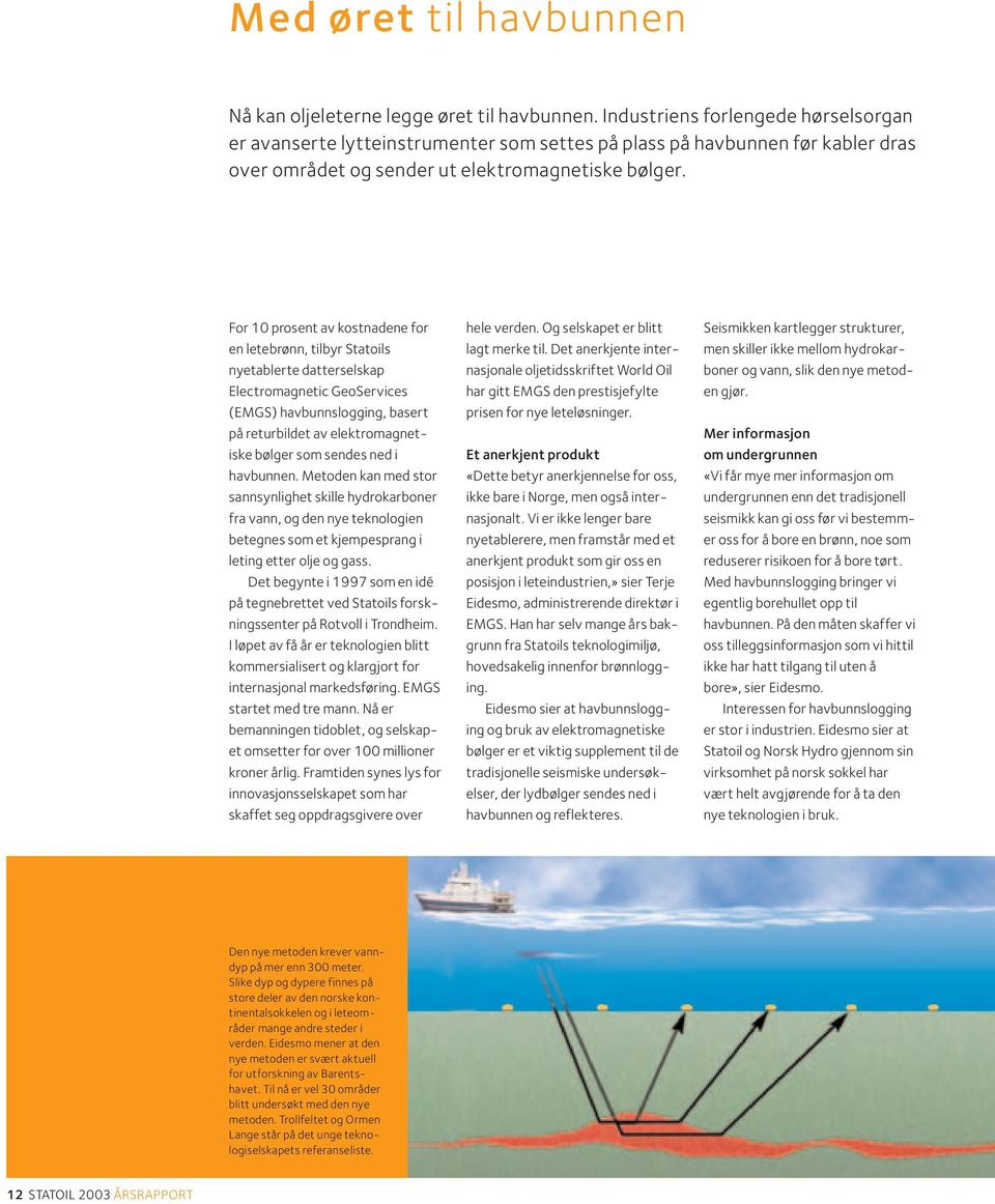 For 10 prosent av kostnadene for en letebrønn, tilbyr Statoils nyetablerte datterselskap Electromagnetic GeoServices (EMGS) havbunnslogging, basert på returbildet av elektromagnetiske bølger som