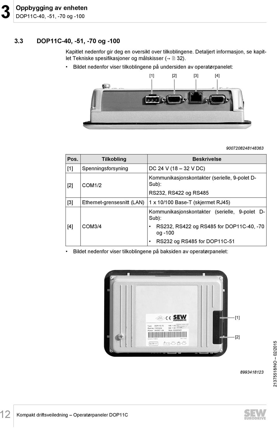 Tilkobling Beskrivelse [1] Spenningsforsyning DC 24 V (18 32 V DC) [2] COM1/2 9007208248148363 Kommunikasjonskontakter (serielle, 9-polet D- Sub): RS232, RS422 og RS485 [3] Ethernet-grensesnitt (LAN)