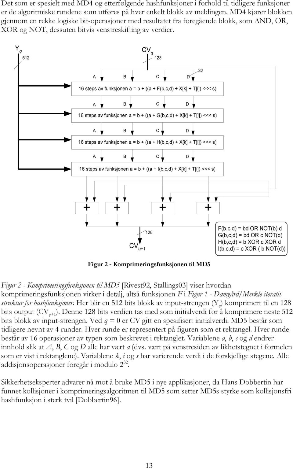 Figur 2 - Komprimeringsfunksjonen til MD5 Figur 2 - Komprimeringsfunksjonen til MD5 [Rivest92, Stallings03] viser hvordan komprimeringsfunksjonen virker i detalj, altså funksjonen F i Figur 1 -