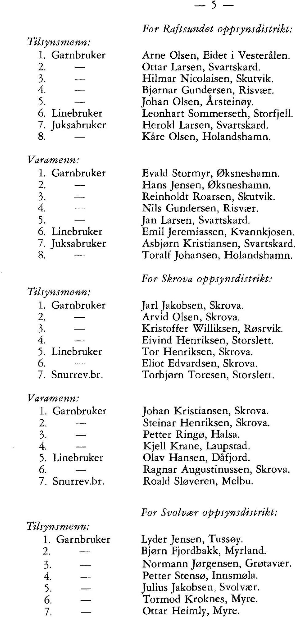 Evald Stormyr, Øksneshamn. Hans Jensen, Øksneshamn. Reinholdt Roarsen, Skutvik. Nils Gundersen, Risvær. Jan Larsen, Svartskard. Emil Jeremiassen, Kvannkjosen. Asbjørn Kristiansen, Svartskard.