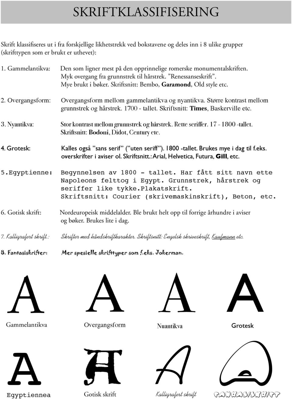 Skriftsnitt: Bembo, Garamond, Old style etc. 2. Overgangsform: Overgangsform mellom gammelantikva og nyantikva. Større kontrast mellom grunnstrek og hårstrek. 1700 - tallet.