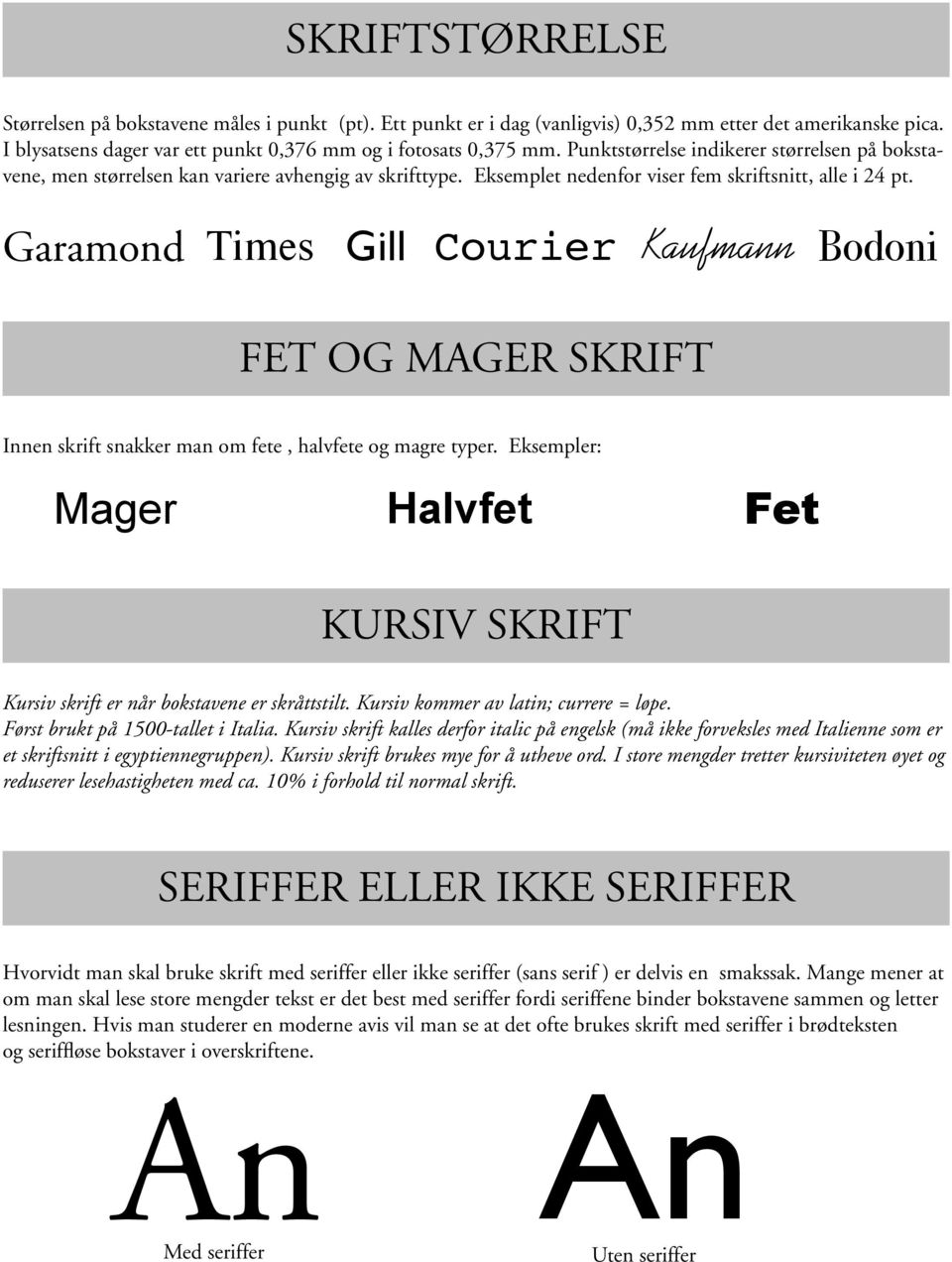 Garamond Times Gill Courier Kaufmann Bodoni FET OG MAGER SKRIFT Innen skrift snakker man om fete, halvfete og magre typer.