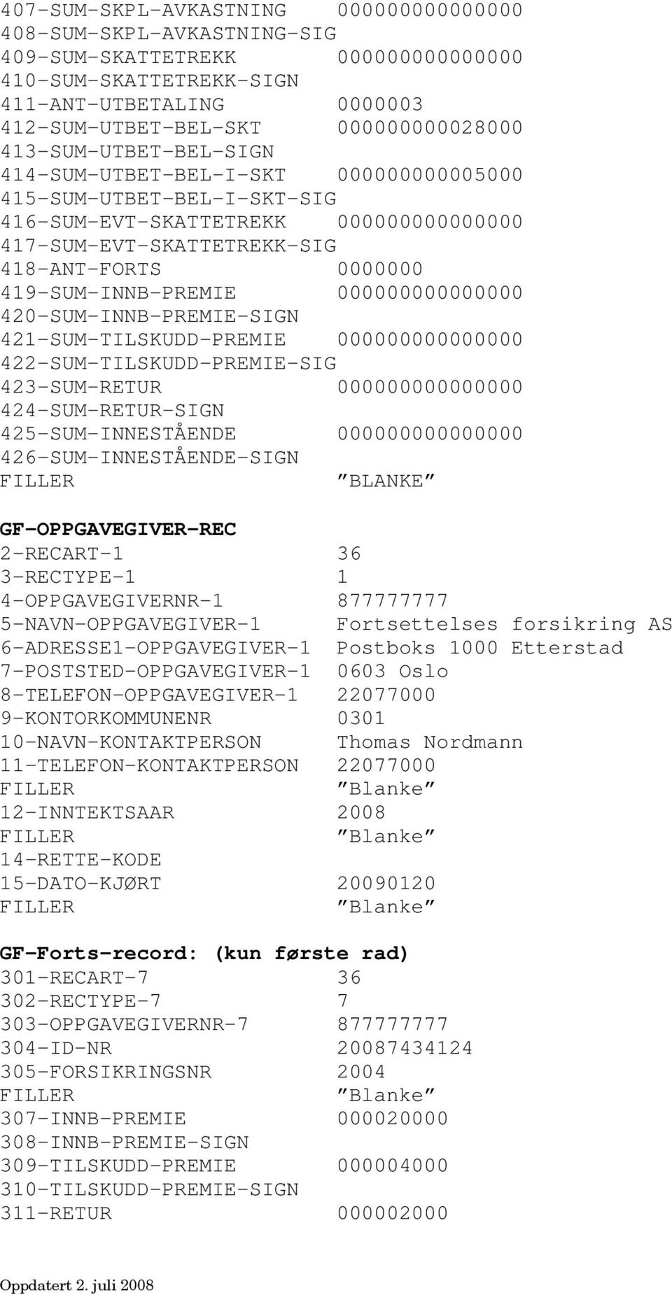 425-SUM-INNESTÅENDE 000000000000000 GF-OPPGAVEGIVER-REC 4-OPPGAVEGIVERNR-1 877777777 5-NAVN-OPPGAVEGIVER-1 Fortsettelses forsikring AS 11-TELEFON-KONTAKTPERSON 22077000 14-RETTE-KODE GF-Forts-record: