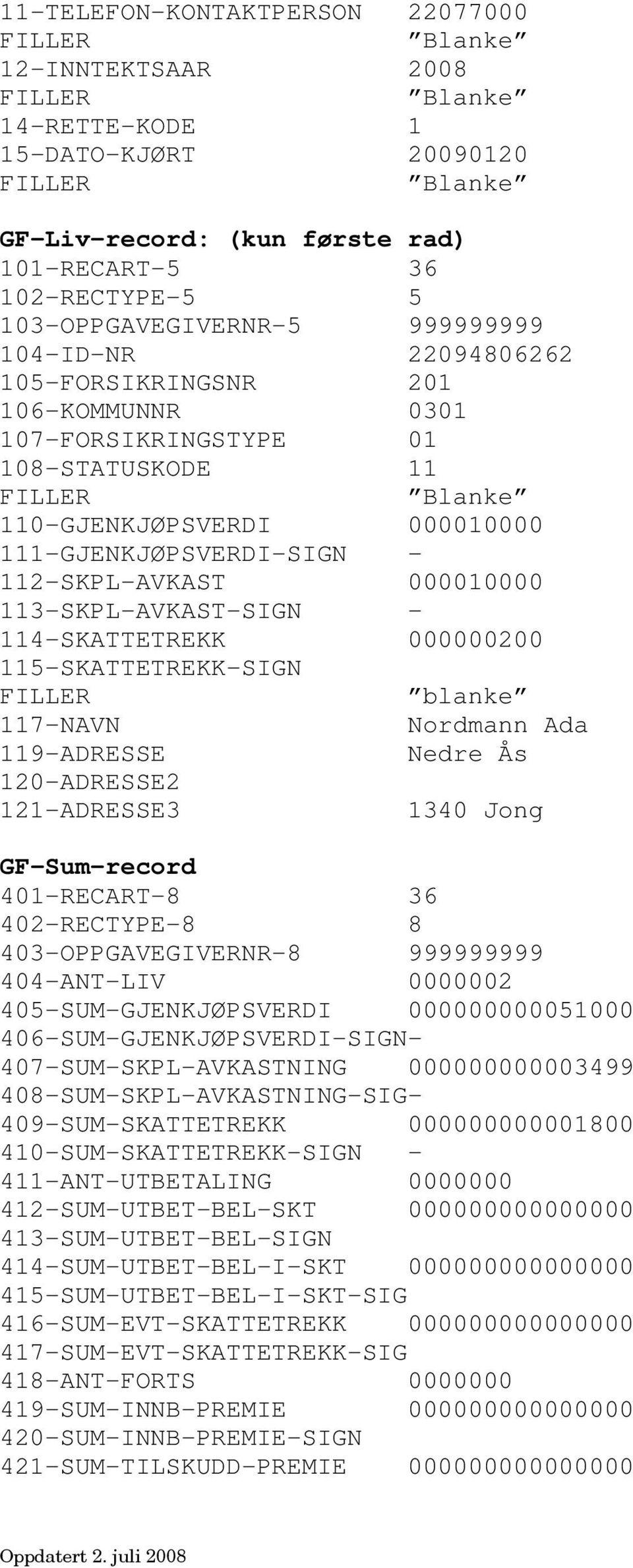 115-SKATTETREKK-SIGN blanke 117-NAVN Nordmann Ada 119-ADRESSE Nedre Ås 120-ADRESSE2 121-ADRESSE3 1340 Jong 403-OPPGAVEGIVERNR-8 999999999 404-ANT-LIV 0000002 405-SUM-GJENKJØPSVERDI 000000000051000
