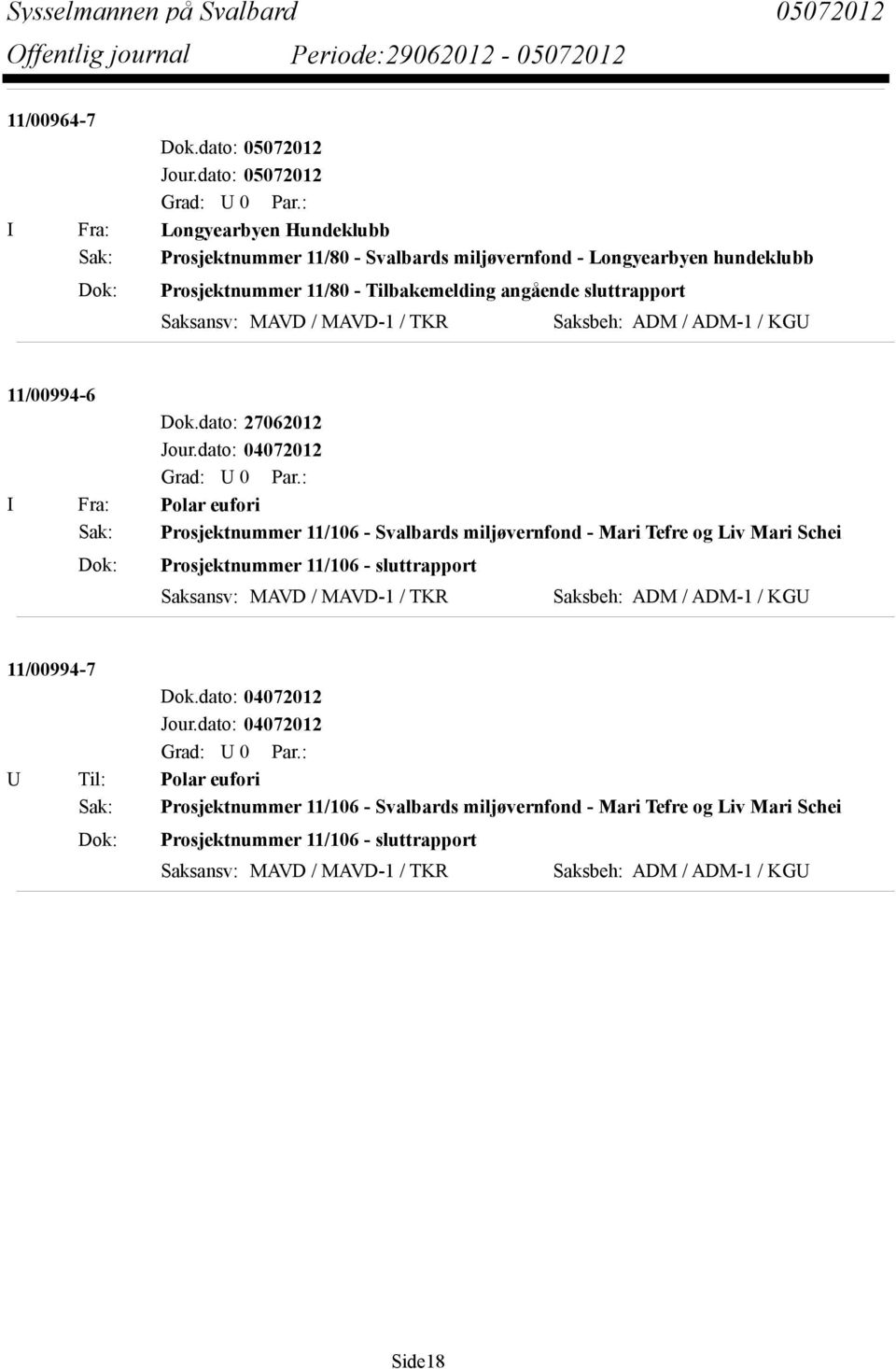 sluttrapport Saksansv: MAVD / MAVD-1 / TKR Saksbeh: ADM / ADM-1 / KGU 11/00994-6 Dok.