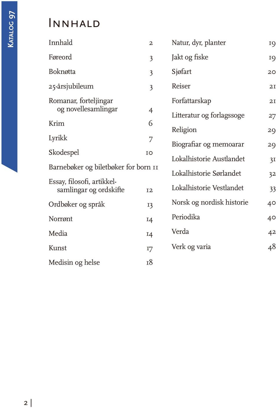 Kunst 17 Medisin og helse 18 Jakt og fiske 19 Sjøfart 20 Reiser 21 Forfattarskap 21 Litteratur og forlagssoge 27 Religion 29 Biografiar og memoarar