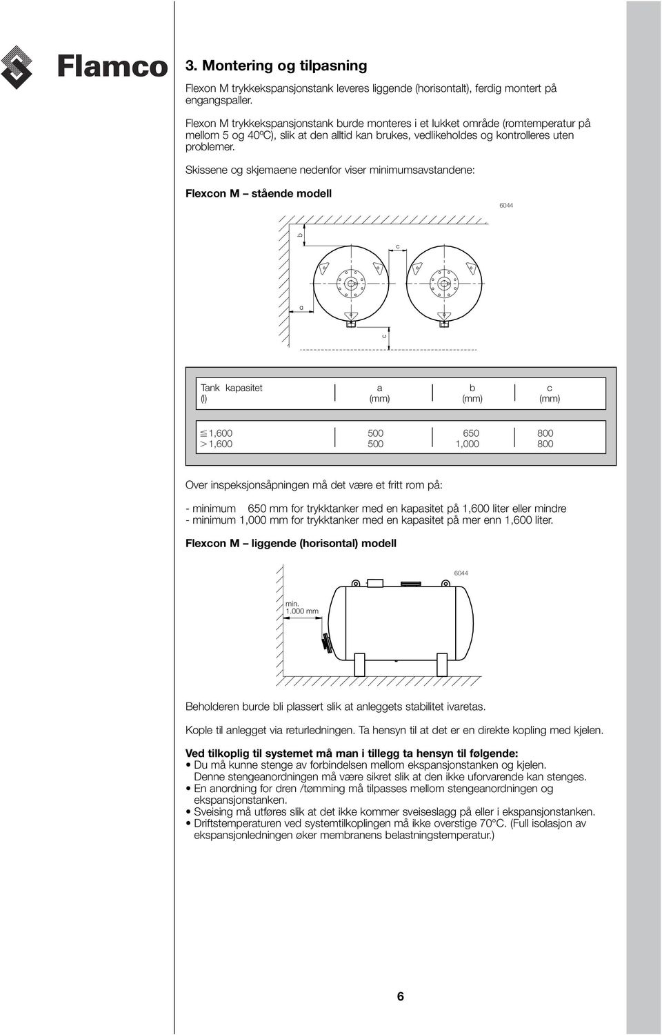 Skissene og skjemaene nedenfor viser minimumsavstandene: Flexcon M stående modell 6044 Tank kapasitet a b c (l) (mm) (mm) (mm) 1,600 00 60 800 1,600 00 1,000 800 Over inspeksjonsåpningen må det være