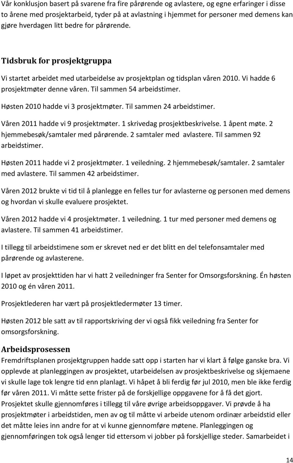 Høsten 2010 hadde vi 3 prosjektmøter. Til sammen 24 arbeidstimer. Våren 2011 hadde vi 9 prosjektmøter. 1 skrivedag prosjektbeskrivelse. 1 åpent møte. 2 hjemmebesøk/samtaler med pårørende.