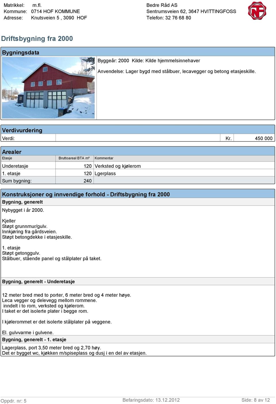 etasje 120 Lgerplass Sum bygning: 240 Konstruksjoner og innvendige forhold - Driftsbygning fra 2000 Bygning, generelt Nybygget i år 2000. Kjeller Støpt grunnmur/gulv. Innkjøring fra gårdsveien.