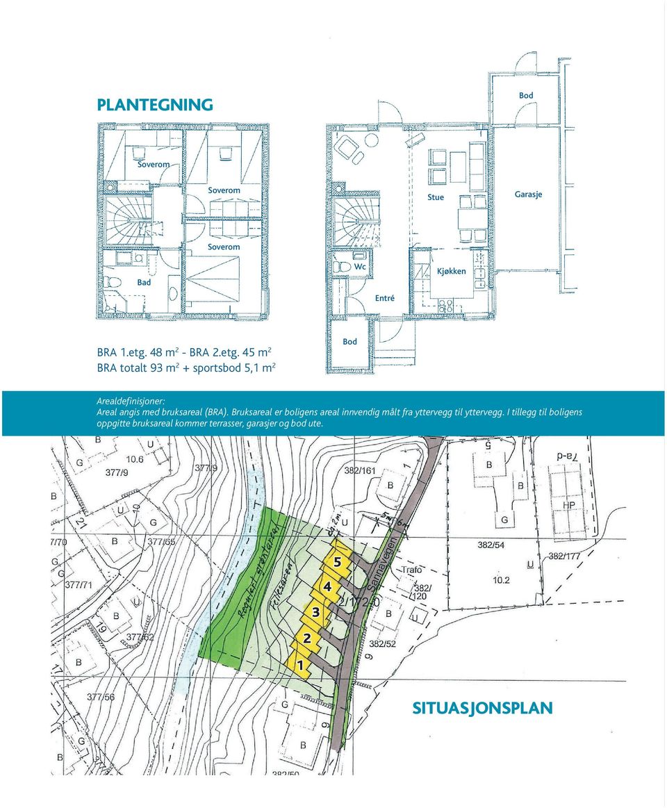 45 m 2 BRA totalt 93 m 2 + sportsbod 5,1 m 2 Bod Arealdefinisjoner: Areal angis med bruksareal