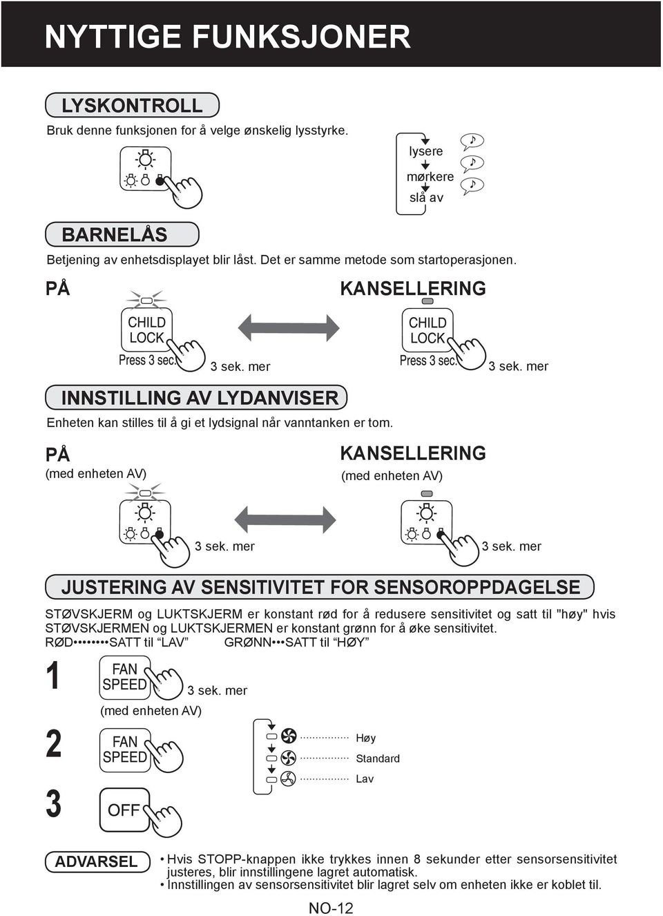 mer INNSTILLING AV LYDANVISER Enheten kan stilles til å gi et lydsignal når vanntanken er tom. PÅ (med enheten AV) KANSELLERING (med enheten AV) 3 sek. mer 3 sek.