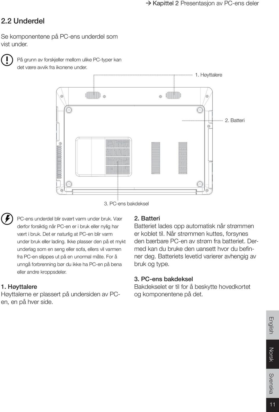 Det er naturlig at PC-en blir varm under bruk eller lading. Ikke plasser den på et mykt underlag som en seng eller sofa, ellers vil varmen fra PC-en slippes ut på en unormal måte.