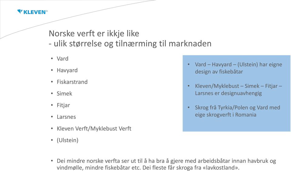 Tyrkia/Polen og Vard med eige skrogverft i Romania Kleven Verft/Myklebust Verft (Ulstein) Dei mindre norske verfta ser ut