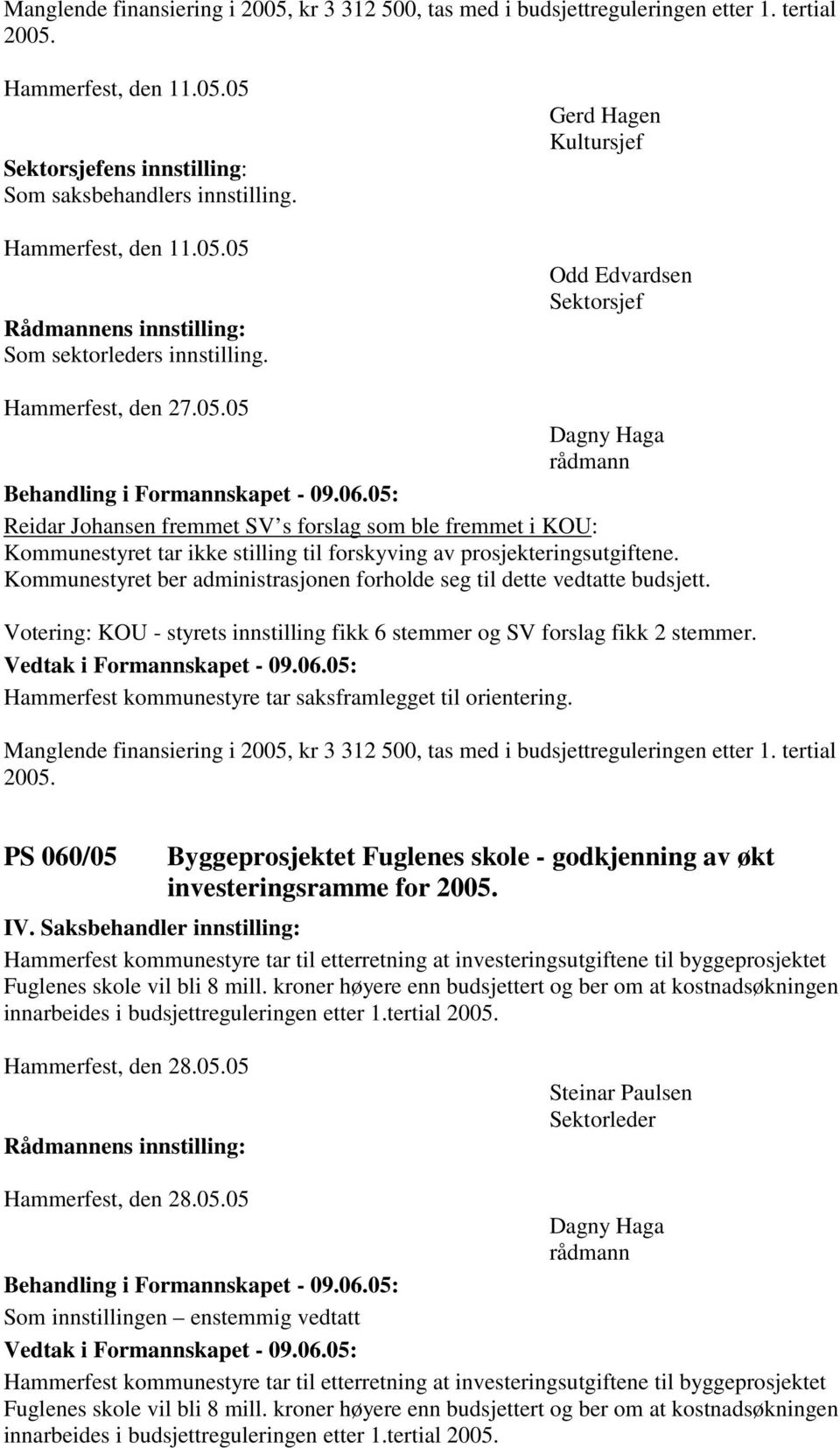 Gerd Hagen Kultursjef Odd Edvardsen Sektorsjef Reidar Johansen fremmet SV s forslag som ble fremmet i KOU: Kommunestyret tar ikke stilling til forskyving av prosjekteringsutgiftene.