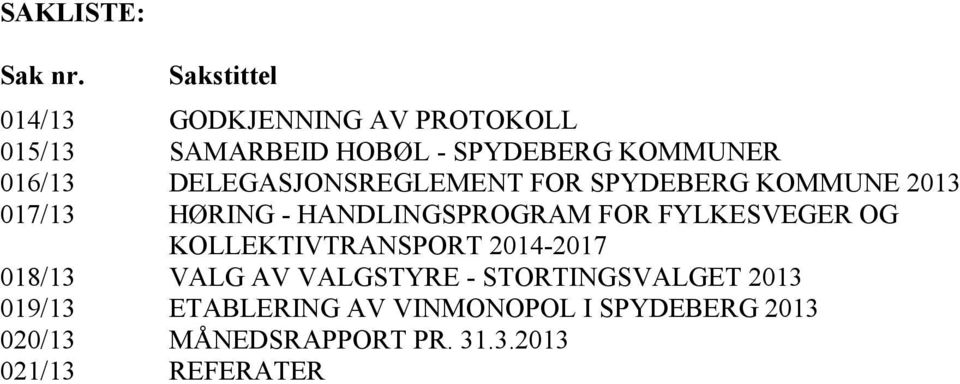 DELEGASJONSREGLEMENT FOR SPYDEBERG KOMMUNE 2013 017/13 HØRING - HANDLINGSPROGRAM FOR FYLKESVEGER