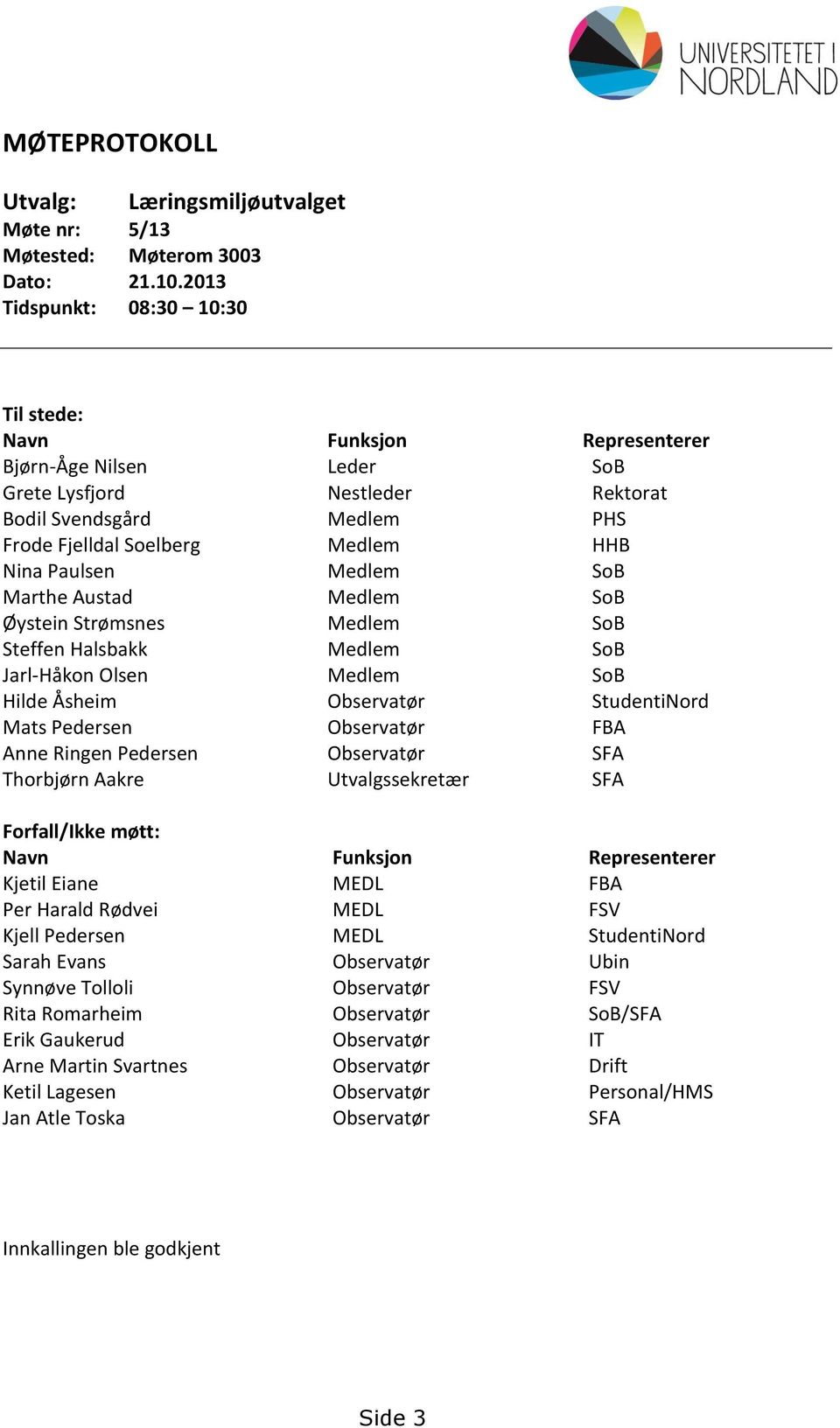 Paulsen Medlem SoB Marthe Austad Medlem SoB Øystein Strømsnes Medlem SoB Steffen Halsbakk Medlem SoB Jarl-Håkon Olsen Medlem SoB Hilde Åsheim Observatør StudentiNord Mats Pedersen Observatør FBA Anne