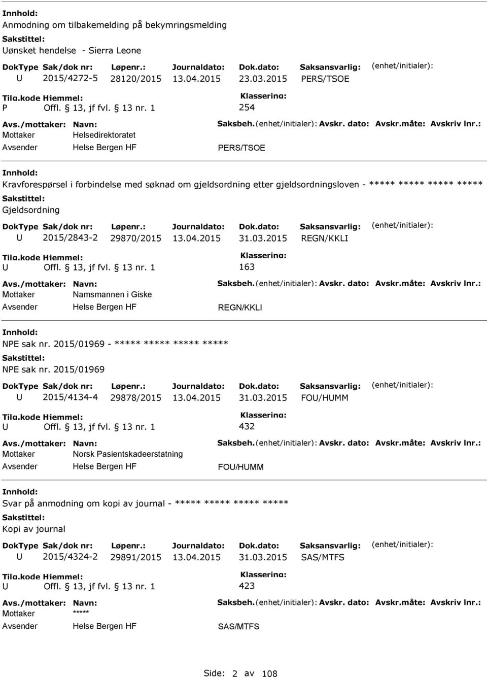 Gjeldsordning 2015/2843-2 29870/2015 31.03.2015 REGN/KKL 163 Mottaker Namsmannen i Giske REGN/KKL NE sak nr. 2015/01969 - ***** ***** ***** ***** NE sak nr.