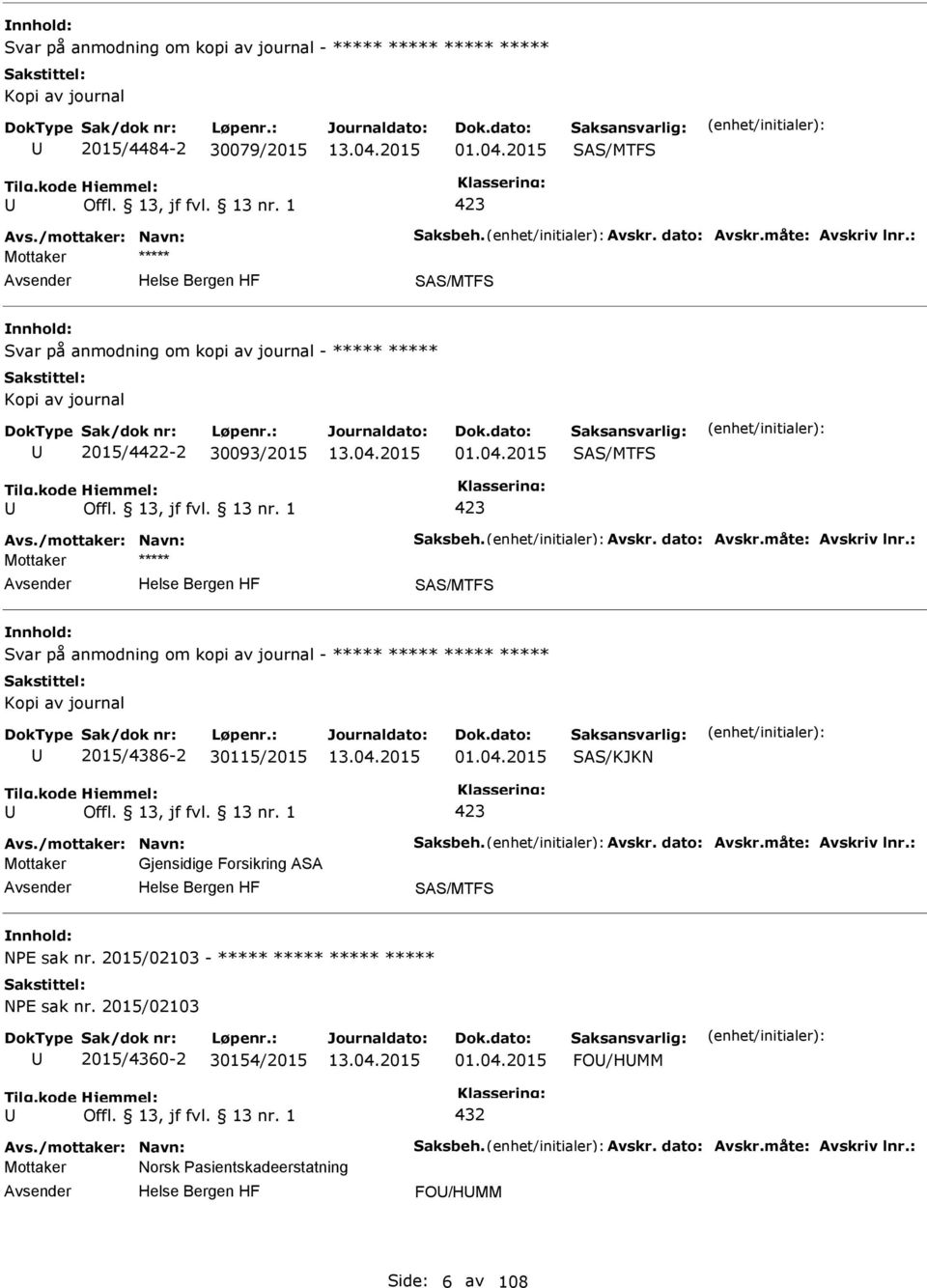 2015 SAS/MTFS SAS/MTFS Svar på anmodning om kopi av journal - ***** ***** ***** ***** Kopi av journal 2015/4386-2 30115/2015 01.04.