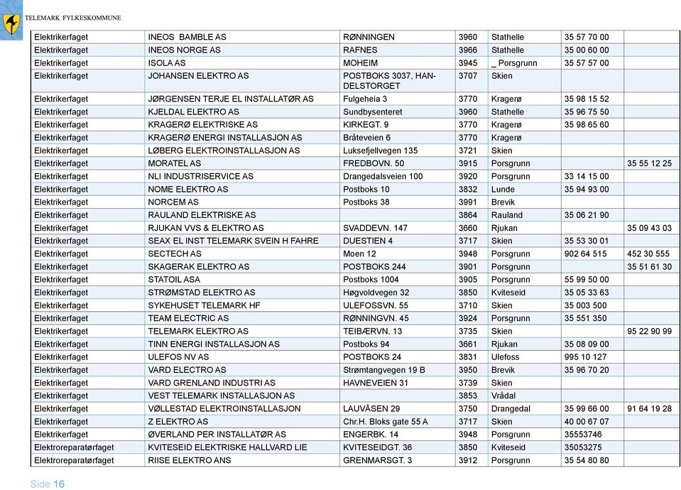 Sundbysenteret 3960 Stathelle 35 96 75 50 Elektrikerfaget KRAGERØ ELEKTRISKE AS KIRKEGT.
