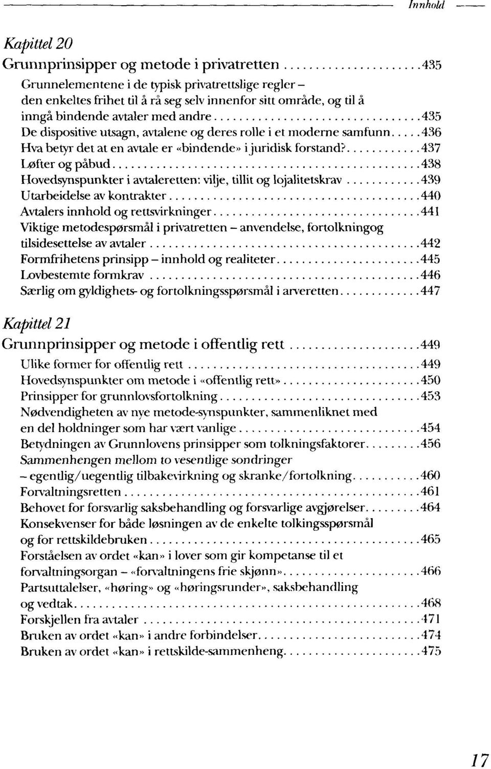 437 L0fter og pabud 438 Hovedsynspunkter i avtaleretten: vilje, tillit og lojalitetskrav 439 Utarbeidelse av kontrakter 440 Avtalers innhold og rettsvirkninger 441 Viktige metodesp0rsmal i