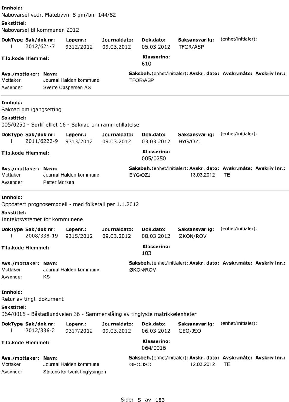 /mottaker: Navn: Saksbeh. vskr. dato: vskr.måte: vskriv lnr.: BYG/OZJ T vsender Petter Morken nnhold: Oppdatert prognosemodell - med folketall per 1.