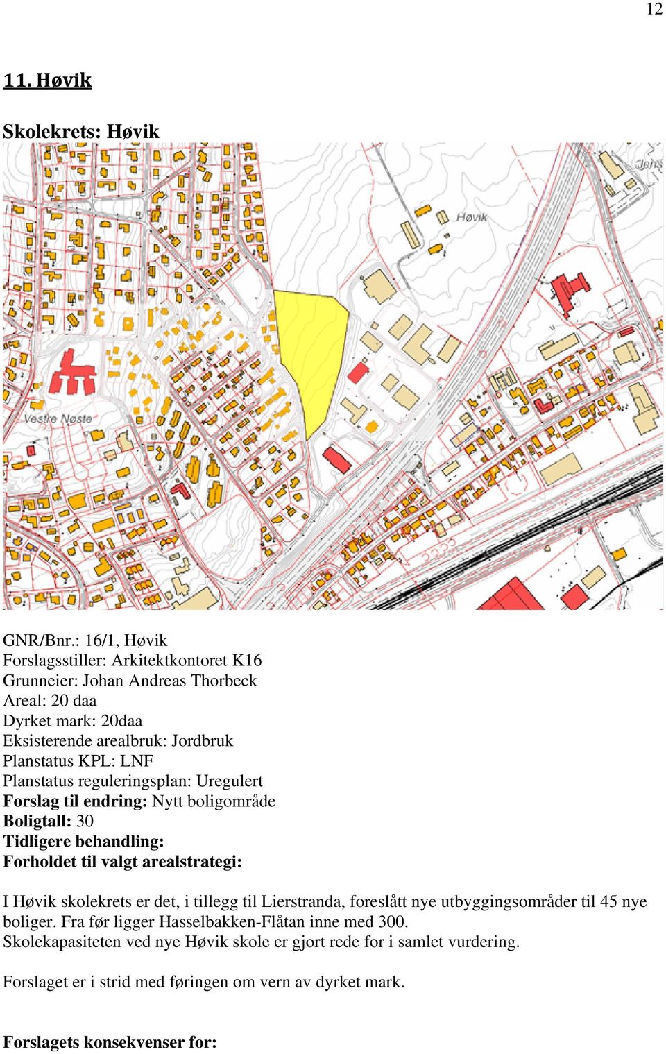 LNF Planstatus reguleringsplan: Uregulert Forslag til endring: Nytt boligområde Boligtall: 30 Tidligere behandling: Forholdet til valgt arealstrategi: I Høvik