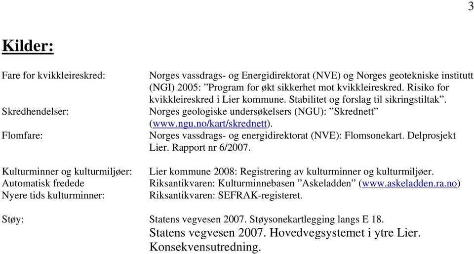 Norges geologiske undersøkelsers (NGU): Skrednett (www.ngu.no/kart/skrednett). Norges vassdrags- og energidirektorat (NVE): Flomsonekart. Delprosjekt Lier. Rapport nr 6/2007.