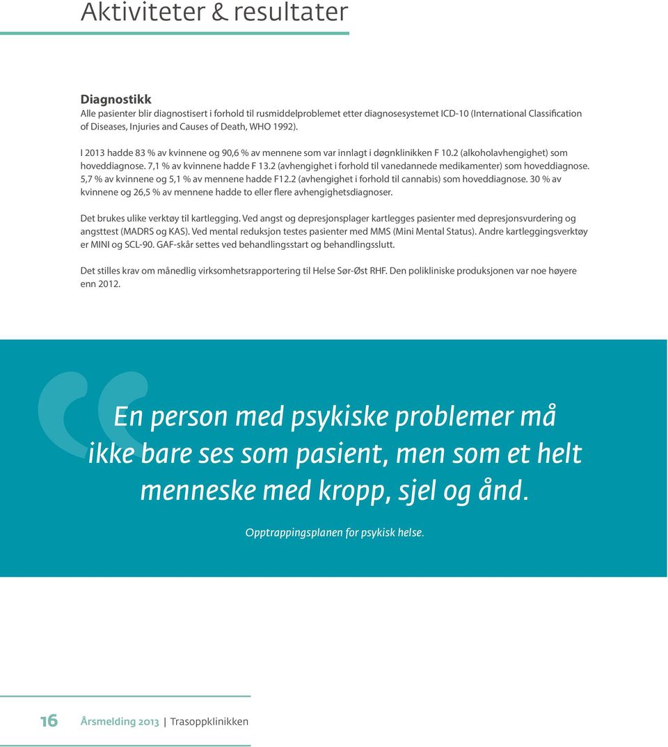 2 (avhengighet i forhold til vanedannede medikamenter) som hoveddiagnose. 5,7 % av kvinnene og 5,1 % av mennene hadde F12.2 (avhengighet i forhold til cannabis) som hoveddiagnose.