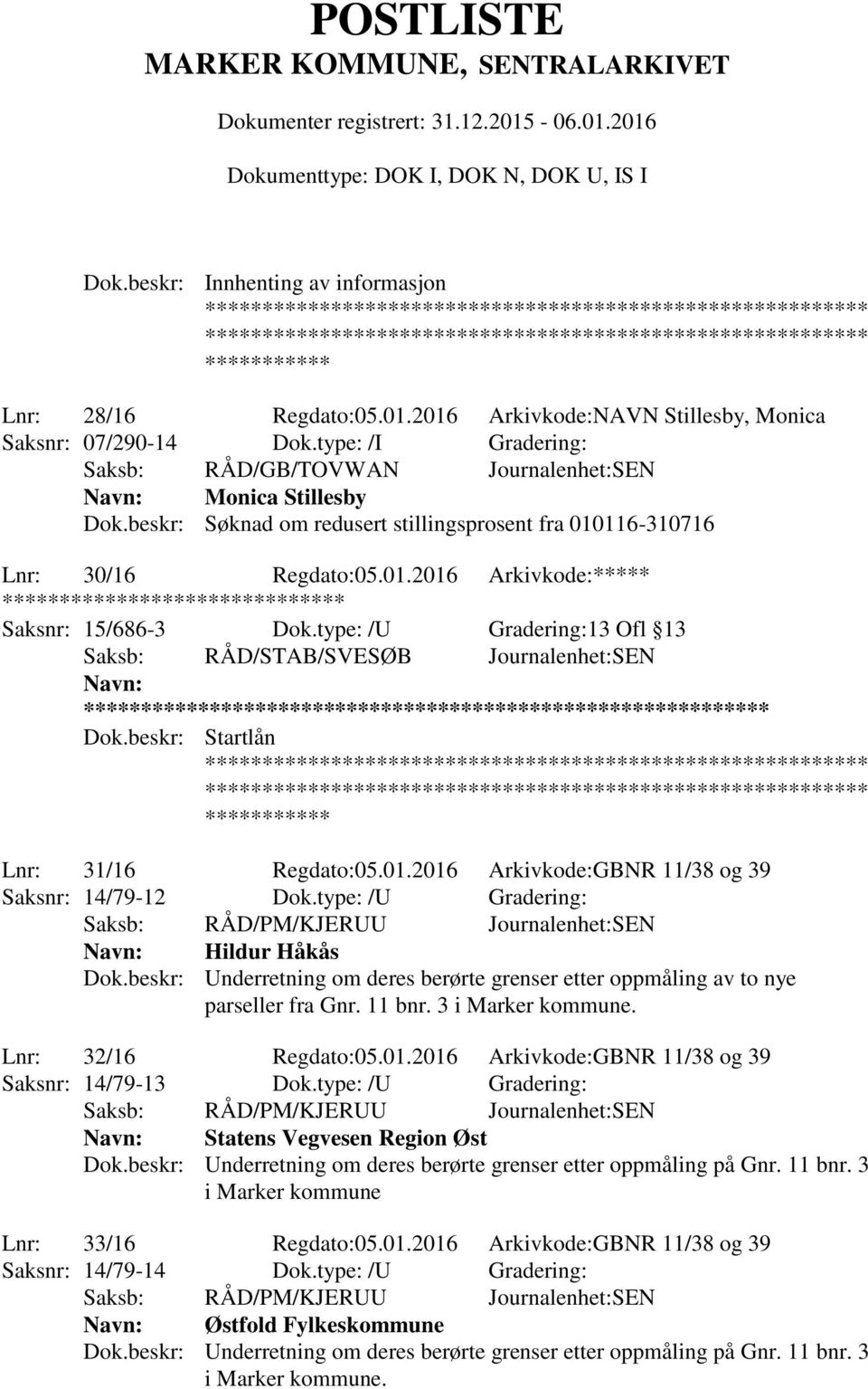 type: /U Gradering:13 Ofl 13 Saksb: RÅD/STAB/SVESØB Journalenhet:SEN ** Dok.beskr: Startlån Lnr: 31/16 Regdato:05.01.2016 Arkivkode:GBNR 11/38 og 39 Saksnr: 14/79-12 Dok.