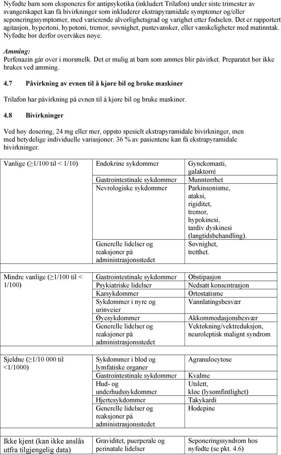 Nyfødte bør derfor overvåkes nøye. Amming: Perfenazin går over i morsmelk. Det er mulig at barn som ammes blir påvirket. Preparatet bør ikke brukes ved amming. 4.