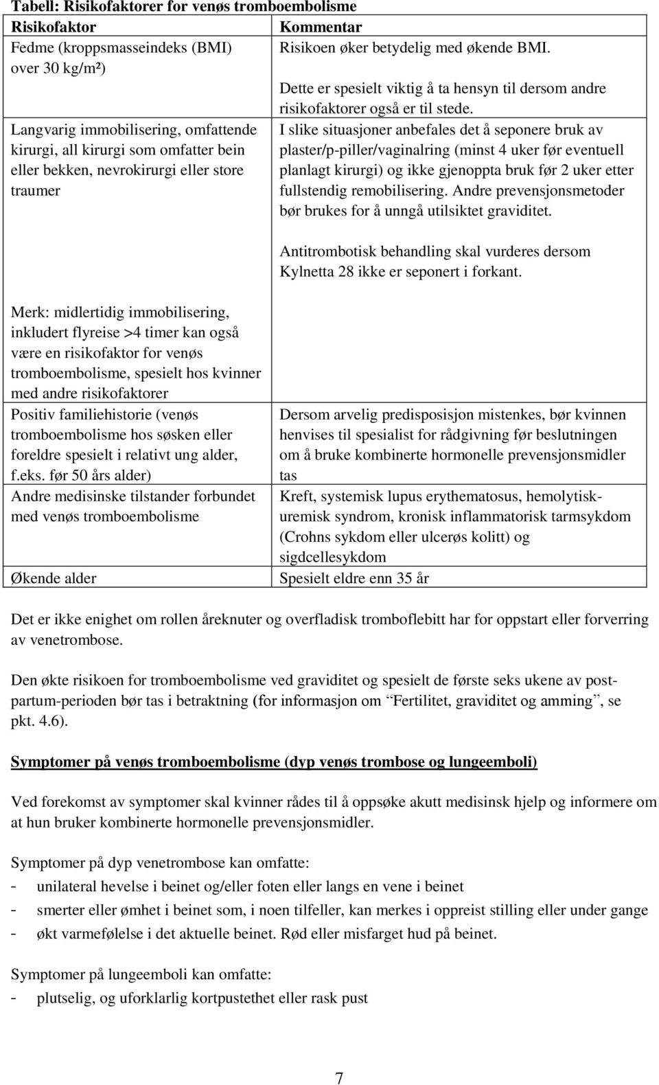 Langvarig immobilisering, omfattende I slike situasjoner anbefales det å seponere bruk av kirurgi, all kirurgi som omfatter bein plaster/p-piller/vaginalring (minst 4 uker før eventuell eller bekken,