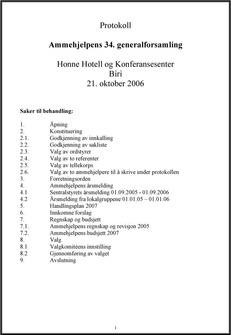 Forretningsorden 4. Ammehjelpens årsmelding 4.1 Sentralstyrets årsmelding 01.09.2005-01.09.2006 4.2 Årsmelding fra lokalgruppene 01.01.05 01.01.06 5. Handlingsplan 2007 6.