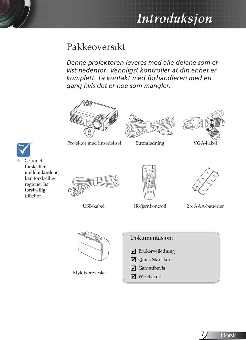 Projektor med linsedeksel Strømledning VGA-kabel Grunnet forskjeller mellom landene, kan forskjellige regioner ha