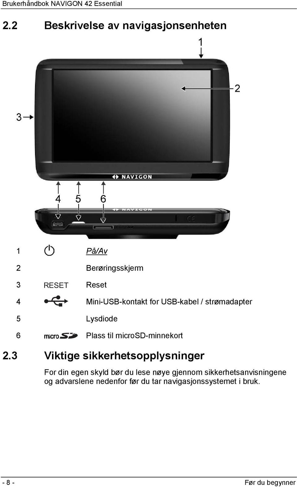 2.3 Viktige sikkerhetsopplysninger For din egen skyld bør du lese nøye gjennom