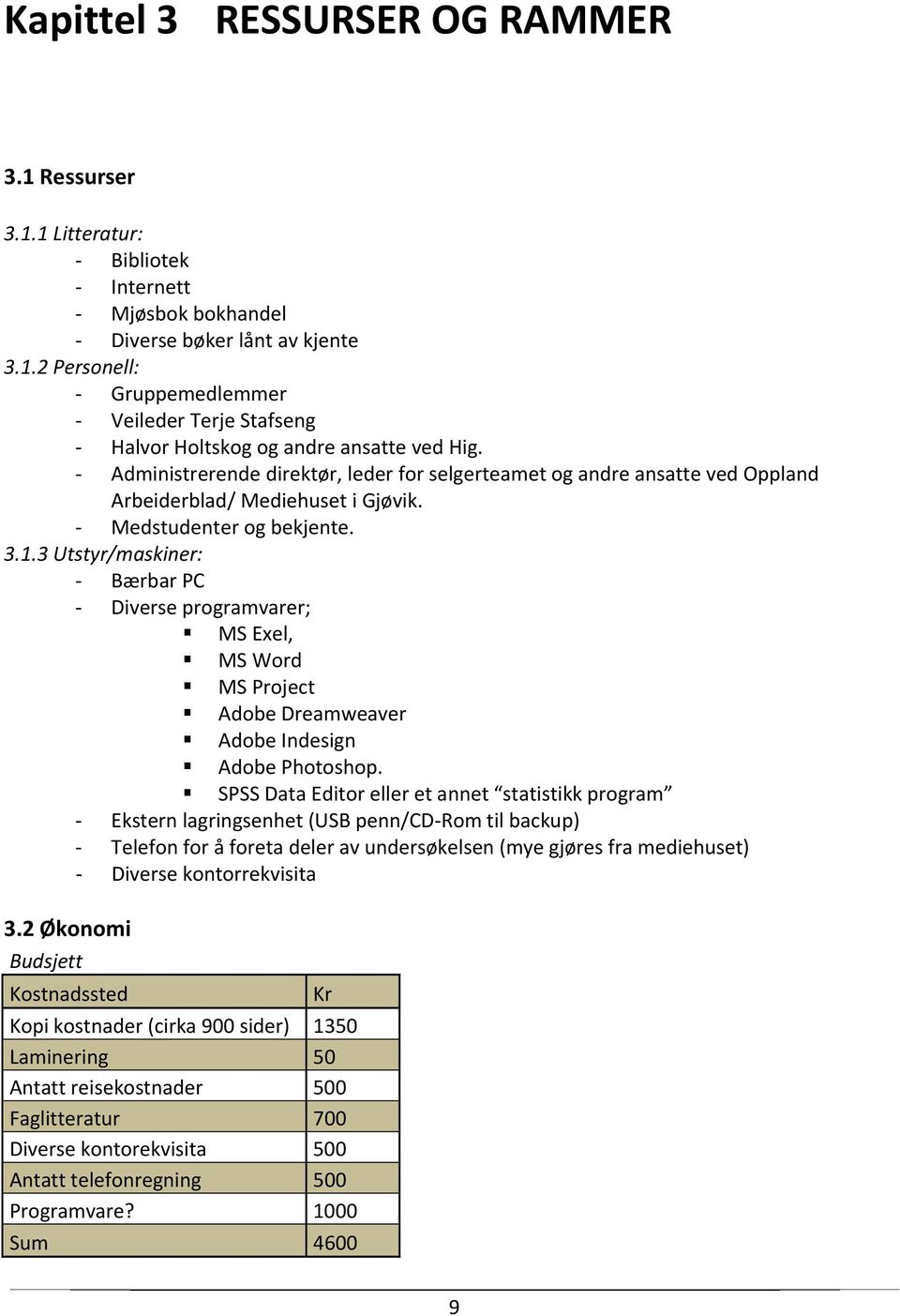 3 Utstyr/maskiner: Bærbar PC Diverse programvarer; MS Exel, MS Word MS Project Adobe Dreamweaver Adobe Indesign Adobe Photoshop.