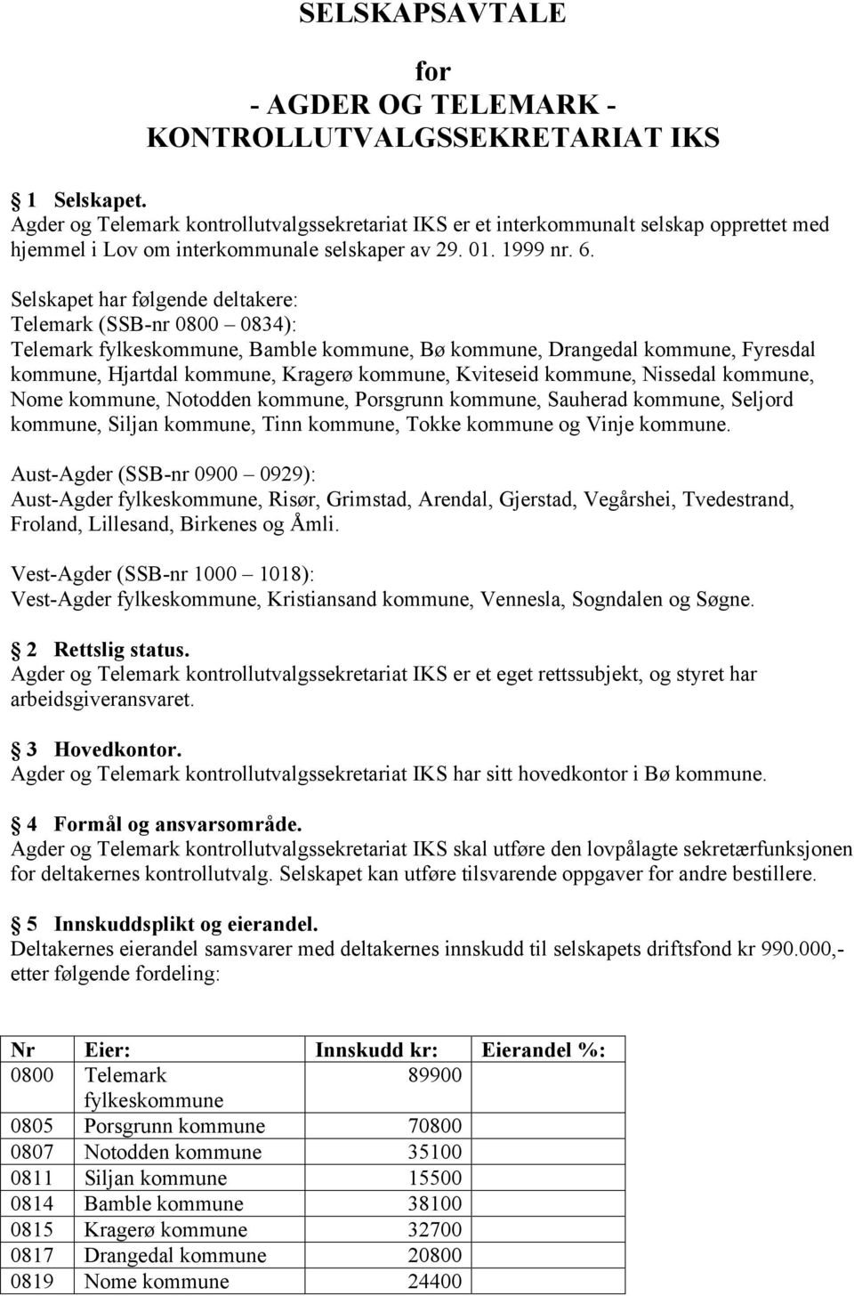 Selskapet har følgende deltakere: Telemark (SSB-nr 0800 0834): Telemark fylkeskommune, Bamble kommune, Bø kommune, Drangedal kommune, Fyresdal kommune, Hjartdal kommune, Kragerø kommune, Kviteseid