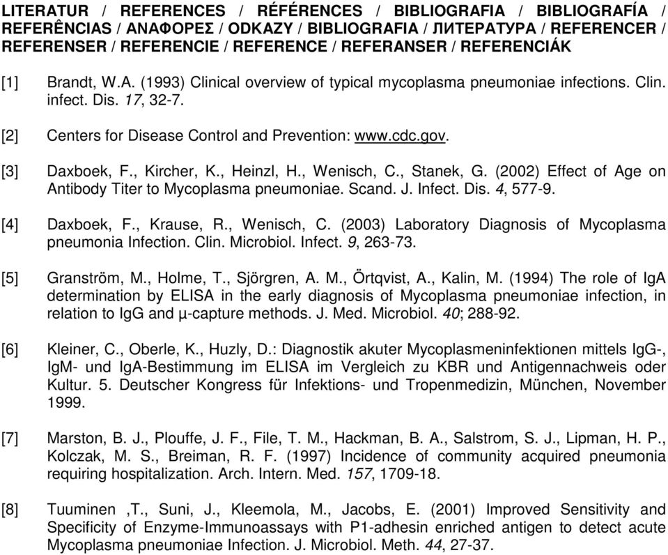 [3] Daxboek, F., Kircher, K., Heinzl, H., Wenisch, C., Stanek, G. (2002) Effect of Age on Antibody Titer to Mycoplasma pneumoniae. Scand. J. Infect. Dis. 4, 577-9. [4] Daxboek, F., Krause, R.