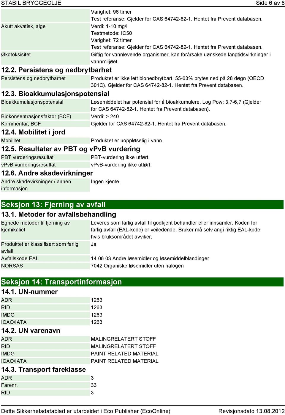 Verdi: 1-10 mg/l Testmetode: IC50 Varighet: 72 timer Test referanse: Gjelder for CAS 64742-82-1. Hentet fra Prevent databasen.