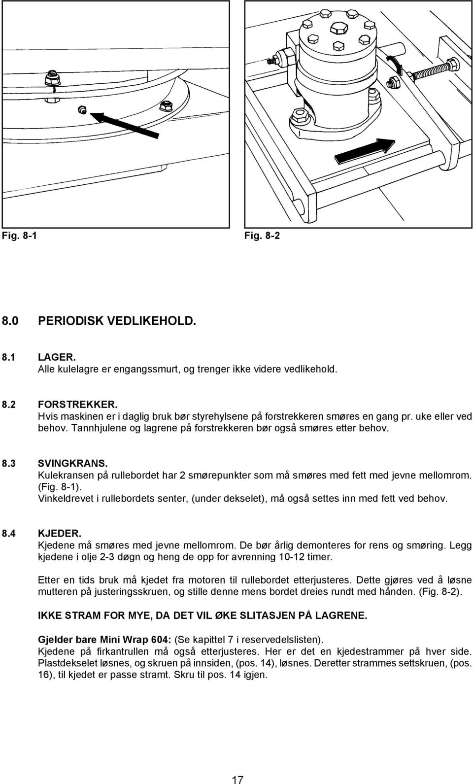 Kulekransen på rullebordet har 2 smørepunkter som må smøres med fett med jevne mellomrom. (Fig. 8-1). Vinkeldrevet i rullebordets senter, (under dekselet), må også settes inn med fett ved behov. 8.4 KJEDER.