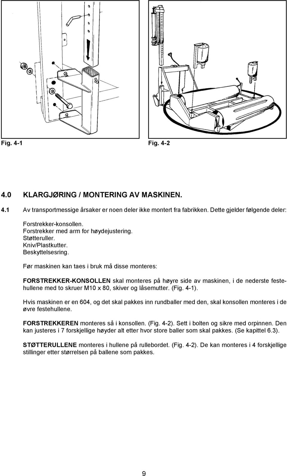 Før maskinen kan taes i bruk må disse monteres: FORSTREKKER-KONSOLLEN skal monteres på høyre side av maskinen, i de nederste festehullene med to skruer M10 x 80, skiver og låsemutter. (Fig. 4-1).