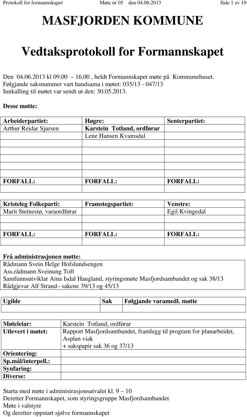 Desse møtte: Arbeiderpartiet: Høgre: Senterpartiet: Arthur Reidar Sjursen Karstein Totland, ordførar Lene Hansen Kvamsdal FORFALL: FORFALL: FORFALL: Kristeleg Folkeparti: Framstegspartiet: Venstre: