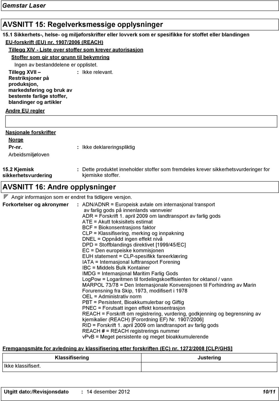 Tillegg XVII Restriksjoner på produksjon, markedsføring og bruk av bestemte farlige stoffer, blandinger og artikler Ikke relevant. Andre EU regler Nasjonale forskrifter Norge Prnr.