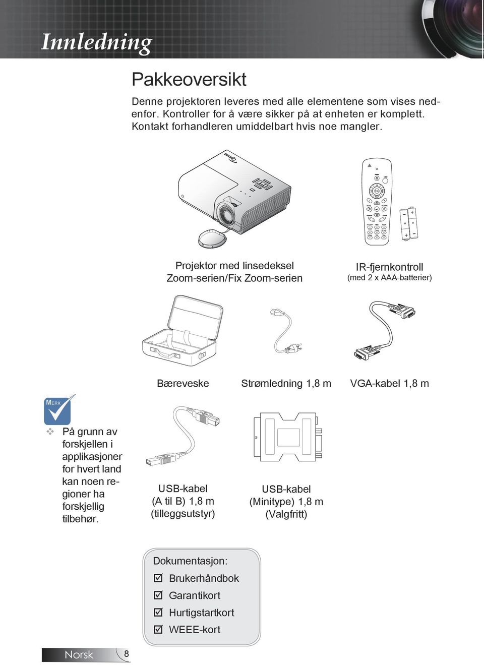 Projektor med linsedeksel Zoom-serien/Fix Zoom-serien IR-fjernkontroll (med 2 x AAA-batterier) Bæreveske Strømledning 1,8 m VGA-kabel 1,8 m MERK v På