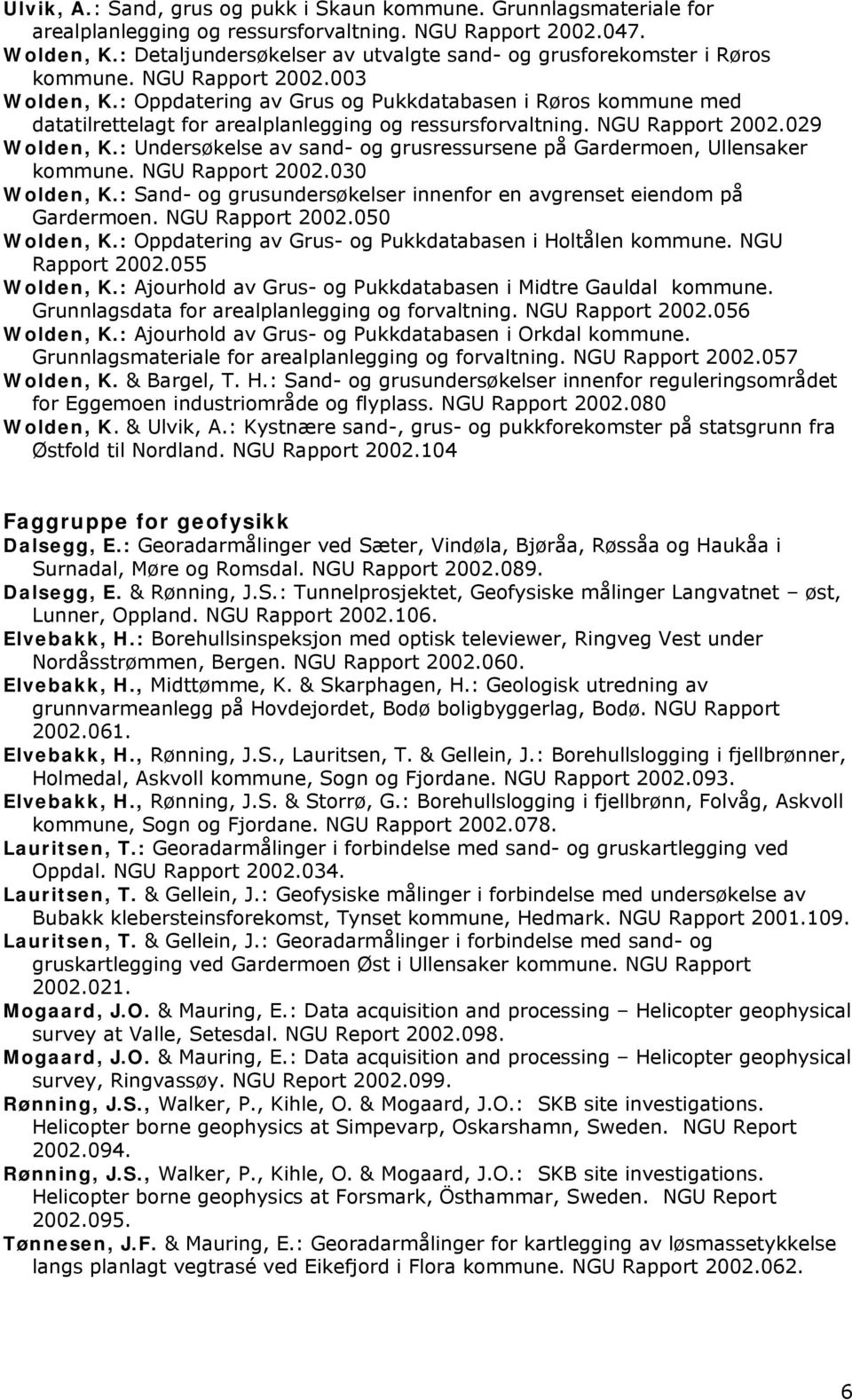 : Oppdatering av Grus og Pukkdatabasen i Røros kommune med datatilrettelagt for arealplanlegging og ressursforvaltning. NGU Rapport 2002.029 Wolden, K.