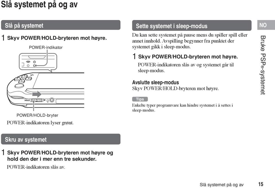 1 Skyv POWER/HOLD-bryteren mot høyre. POWER-indikatoren slås av og systemet går til sleep-modus. Avslutte sleep-modus Skyv POWER/HOLD-bryteren mot høyre.