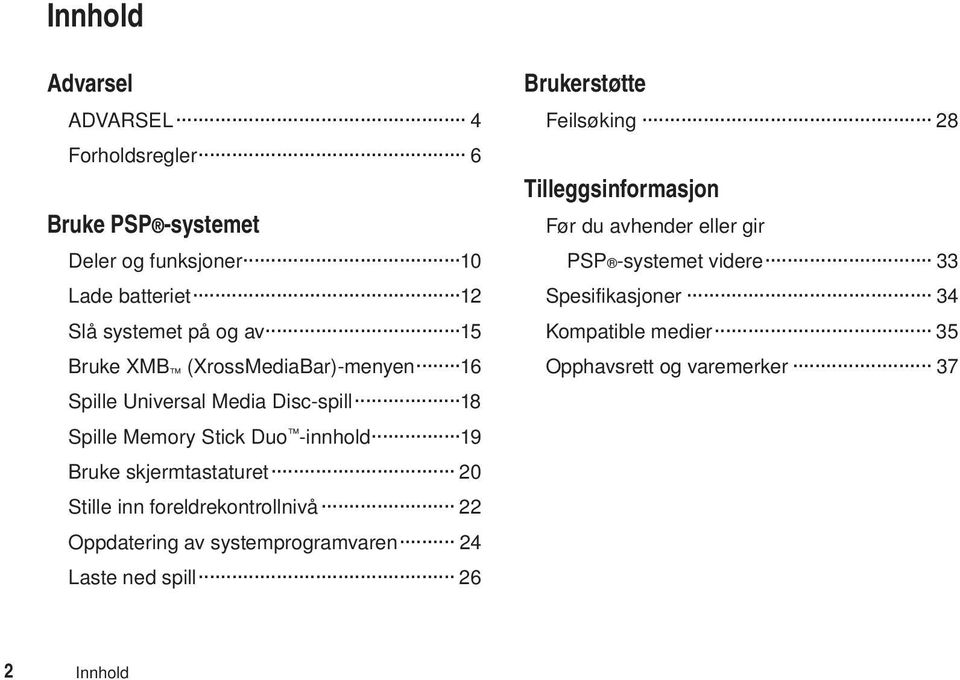 20 Stille inn foreldrekontrollnivå 22 Oppdatering av systemprogramvaren 24 Laste ned spill 26 Brukerstøtte Feilsøking 28