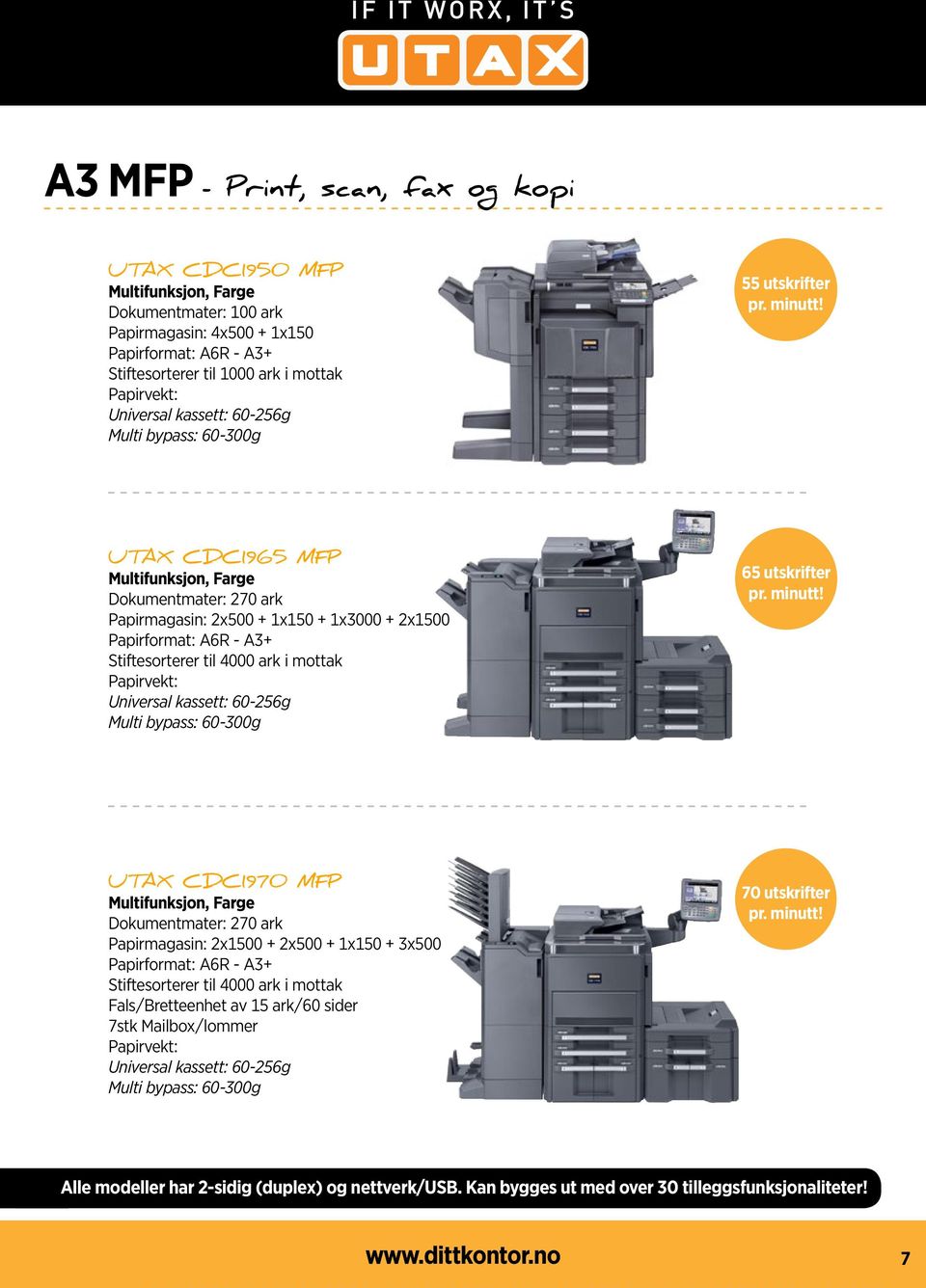 UTAX CDC1965 MFP Multifunksjon, Farge Dokumentmater: 270 ark Papirmagasin: 2x500 + 1x150 + 1x3000 + 2x1500 Papirformat: A6R - A3+ Stiftesorterer til 4000 ark i mottak Papirvekt: Universal kassett: