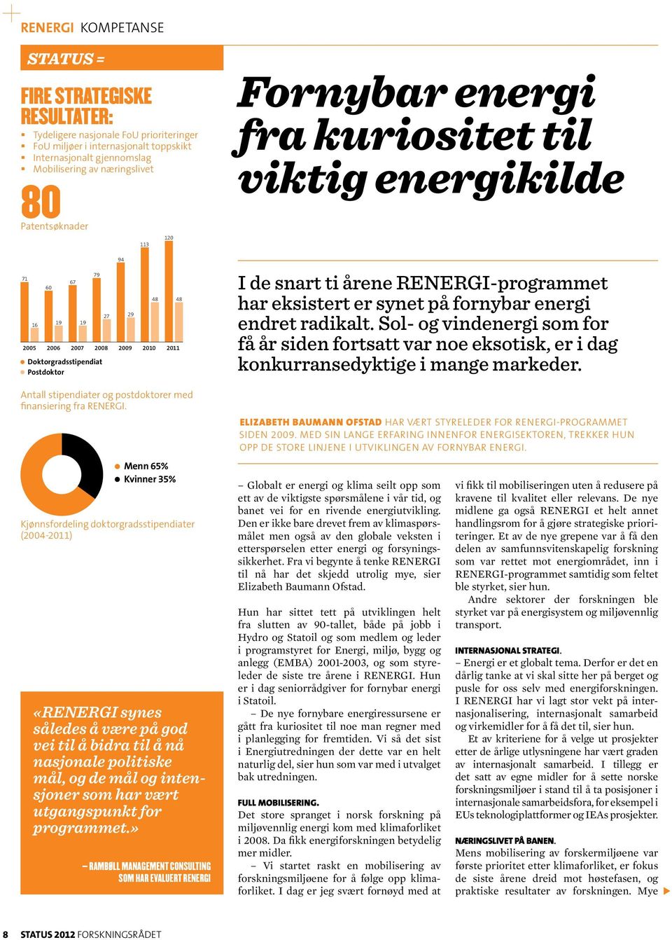 Menn 65% Kvinner 35% Kjønnsfordeling doktorgradsstipendiater (2004-2011) «RENERGI synes således å være på god vei til å bidra til å nå nasjonale politiske mål, og de mål og intensjoner som har vært