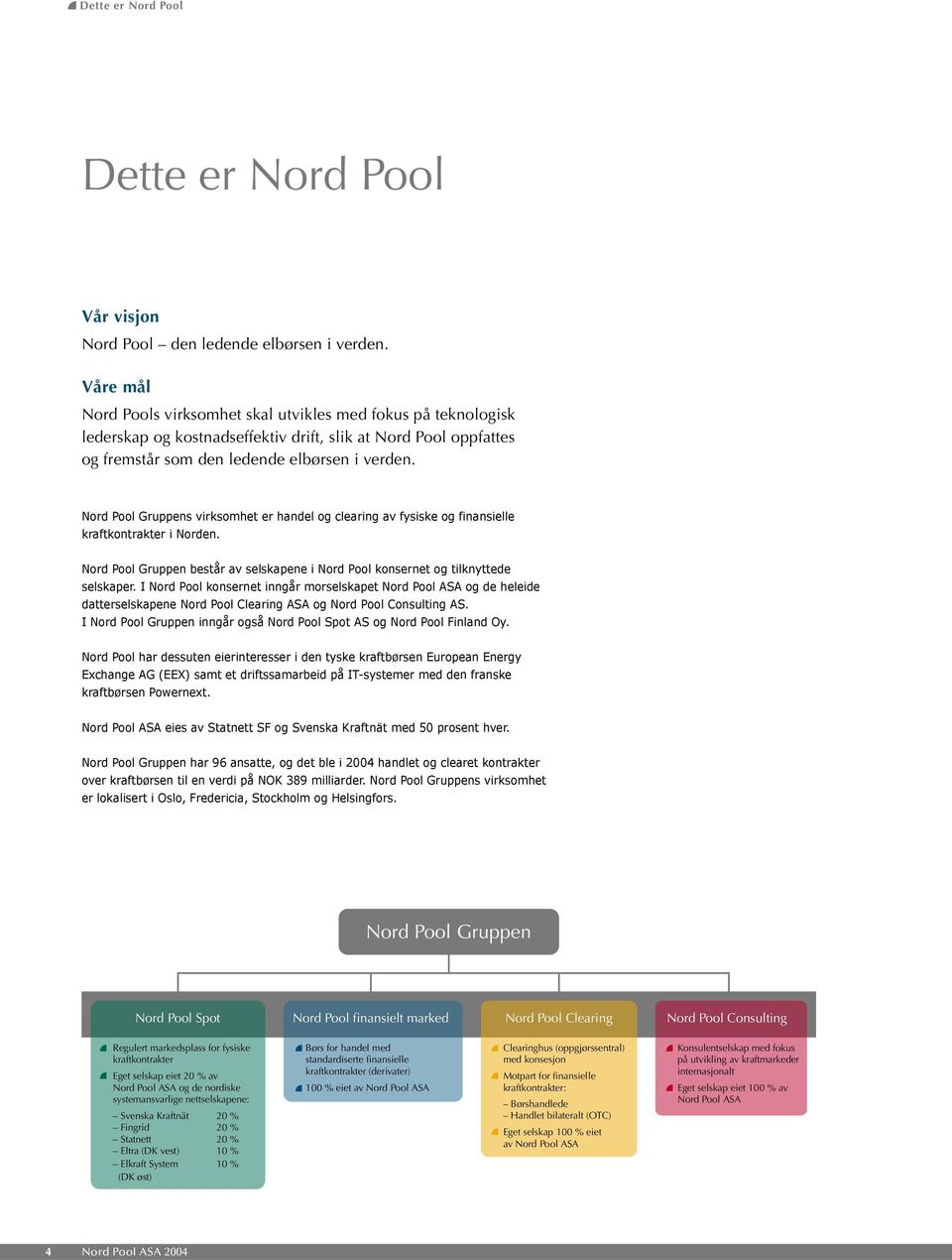 Nord Pool Gruppens virksomhet er handel og clearing av fysiske og finansielle kraftkontrakter i Norden. Nord Pool Gruppen består av selskapene i Nord Pool konsernet og tilknyttede selskaper.