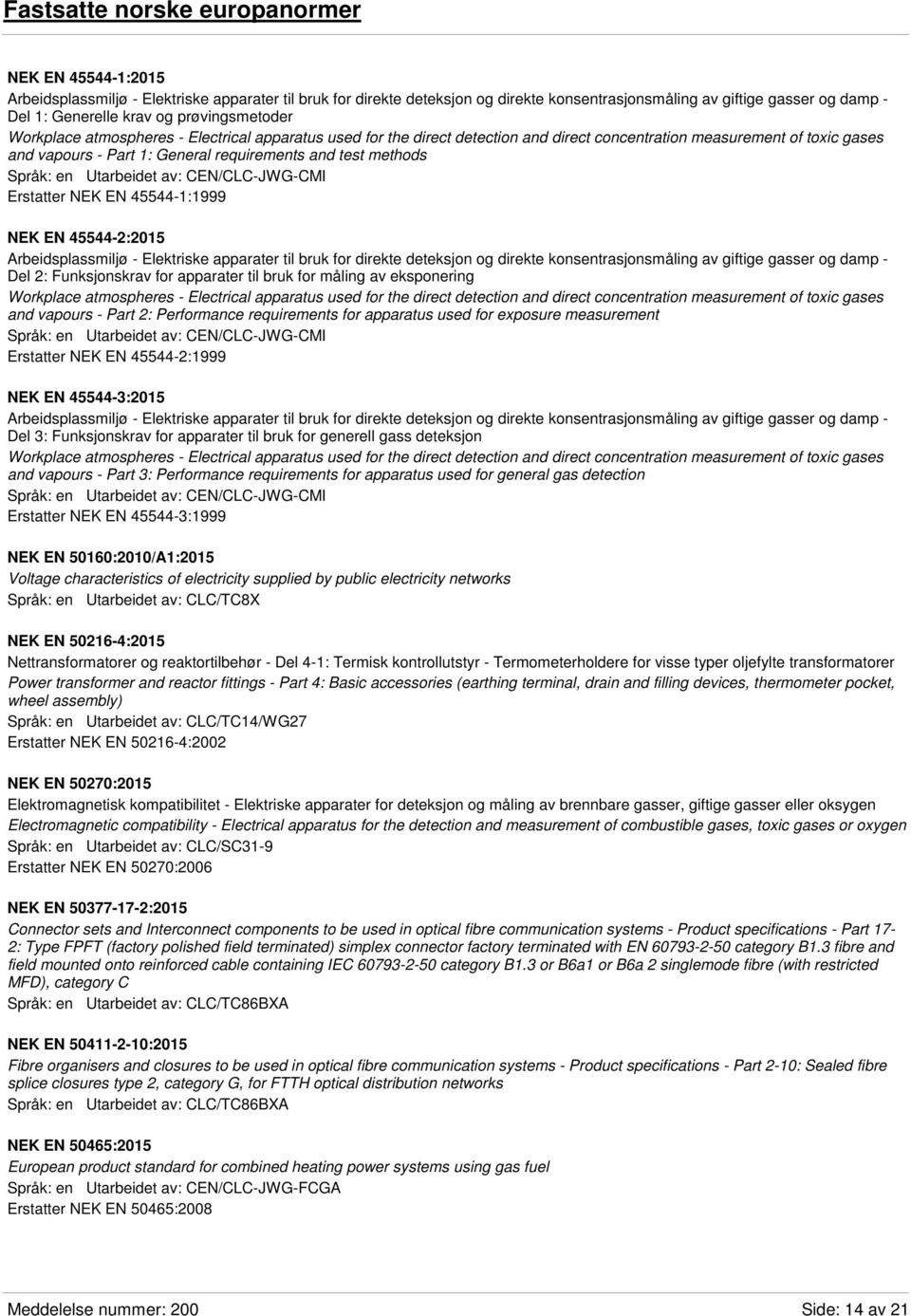 test methods Språk: en Utarbeidet av: CEN/CLC-JWG-CMI Erstatter NEK EN 45544-1:1999 NEK EN 45544-2:2015 Arbeidsplassmiljø - Elektriske apparater til bruk for direkte deteksjon og direkte